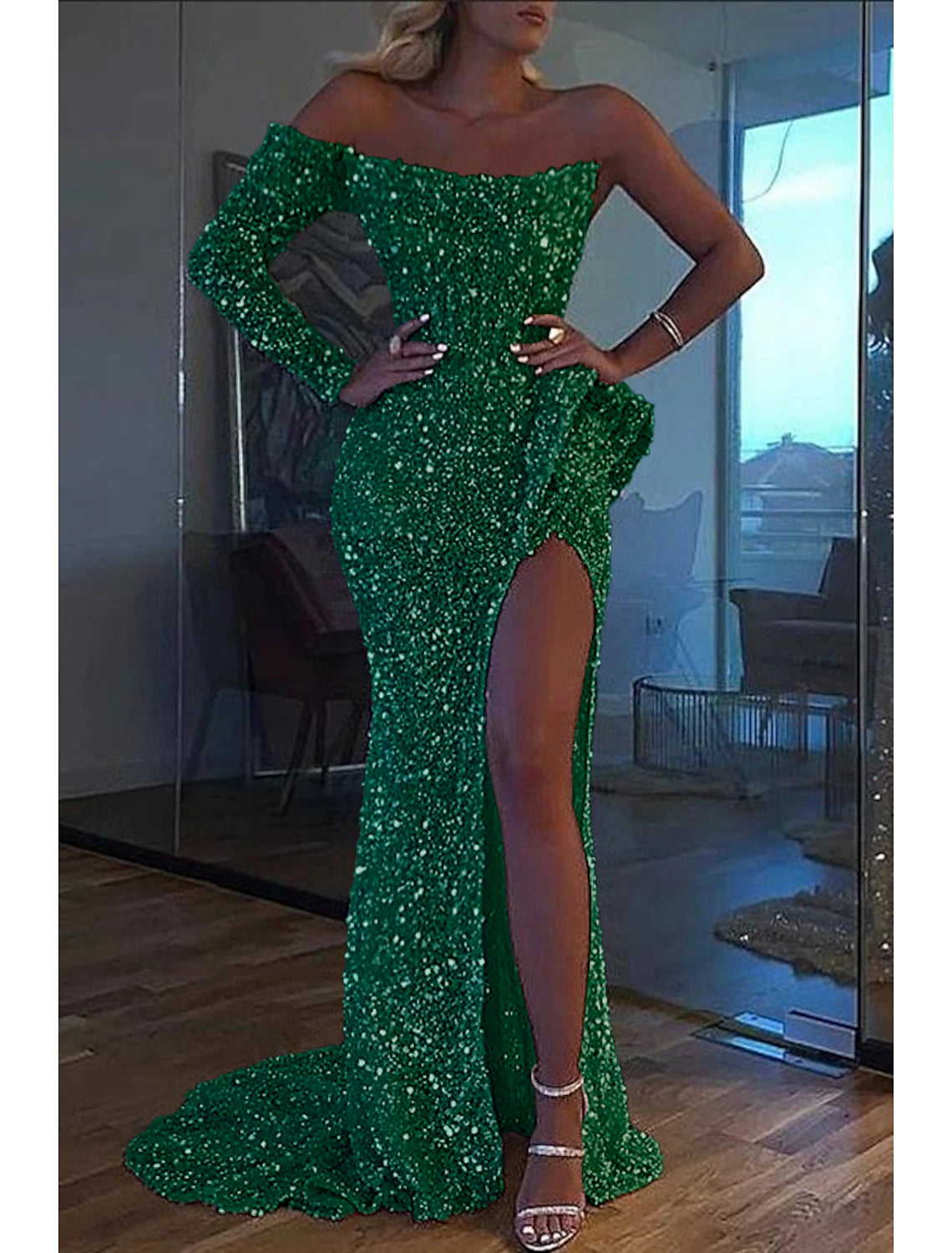 Mermaid Dress Evening Gown Christmas Red Green Dress Formal Wedding Court Train Long Sleeve One Shoulder Sequined with Sequin Slit 2025